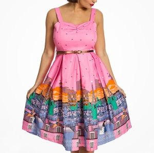 Lindy Bop 'Bernice' pink Paris border swing dress